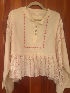 POL Cream Long-Sleeve Top with Pink Floral Accents and Ruffle Hem